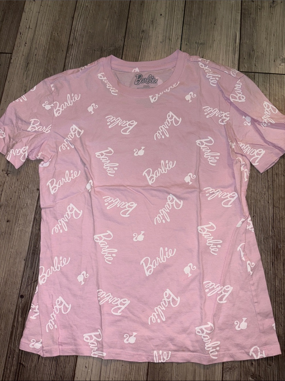 NWOT Barbie Pink Tee with White Allover Logo Print